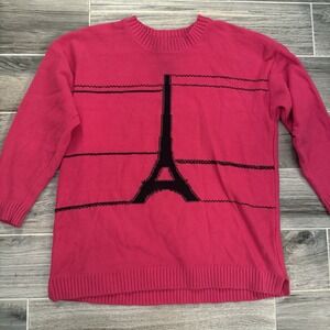 Karl Lagerfeld‎ Pink Paris Sweater Sz L Vibrant Cotton Blend Eiffel Tower Preppy